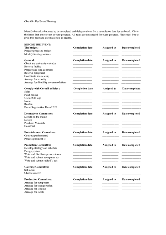 Fillable Checklist For Event Planning Printable pdf