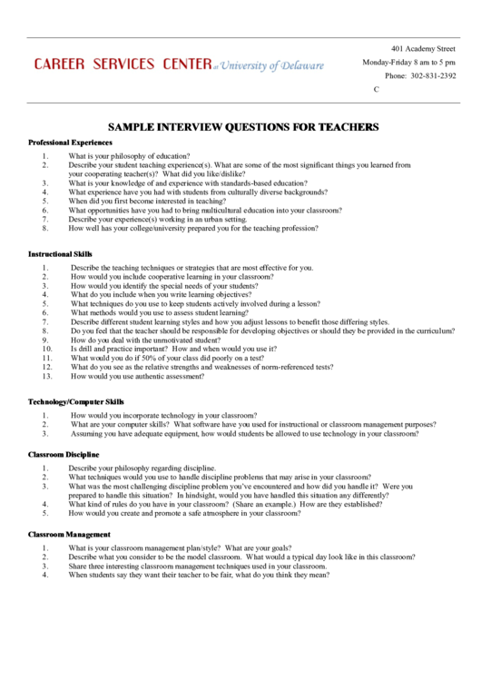 Sample Interview Questions For Teachers Printable pdf