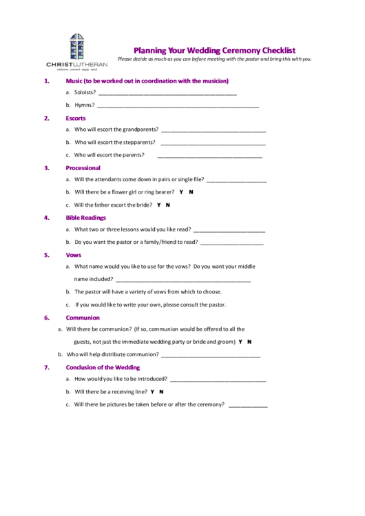 Planning Your Wedding Ceremony Checklist Printable pdf