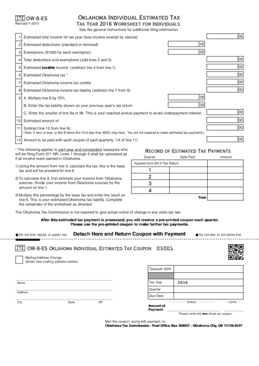 Fillable Oklahoma Individual Estimated Tax Printable pdf