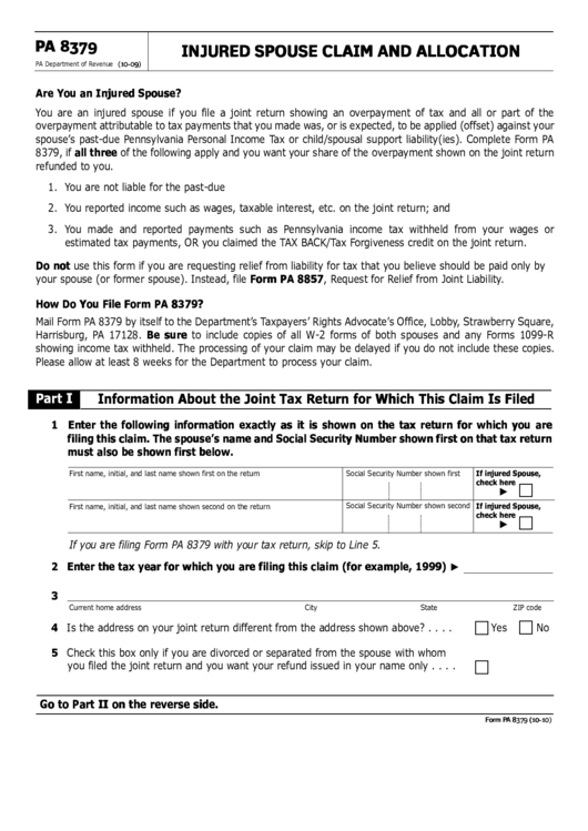 Pa 8379 - Injured Spouse Claim And Allocation Printable pdf