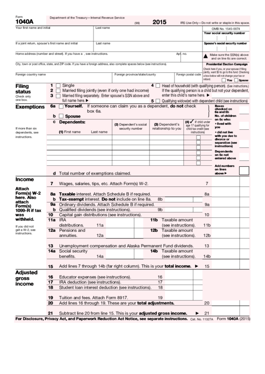 Fillable Form 1040a - U.s. Individual Income Tax Return - 2015 Printable pdf