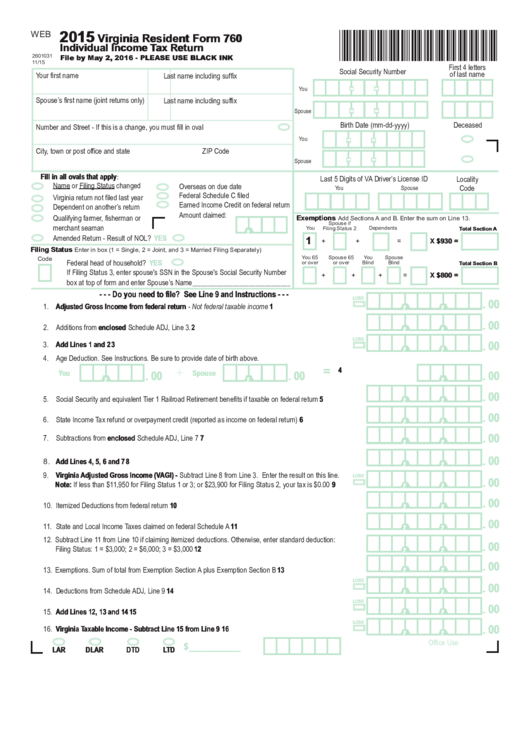 Fillable Form 760 - Virginia Resident Individual Income Tax Return - 2015 Printable pdf