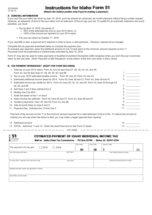 Fillable Idaho Form 51 2015 Estimated Payment Of Idaho Individual Income Tax Form Printable