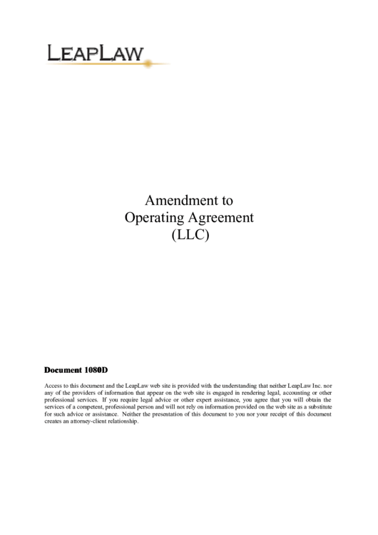 Amendment To Operating Agreement (Lcc) Printable pdf