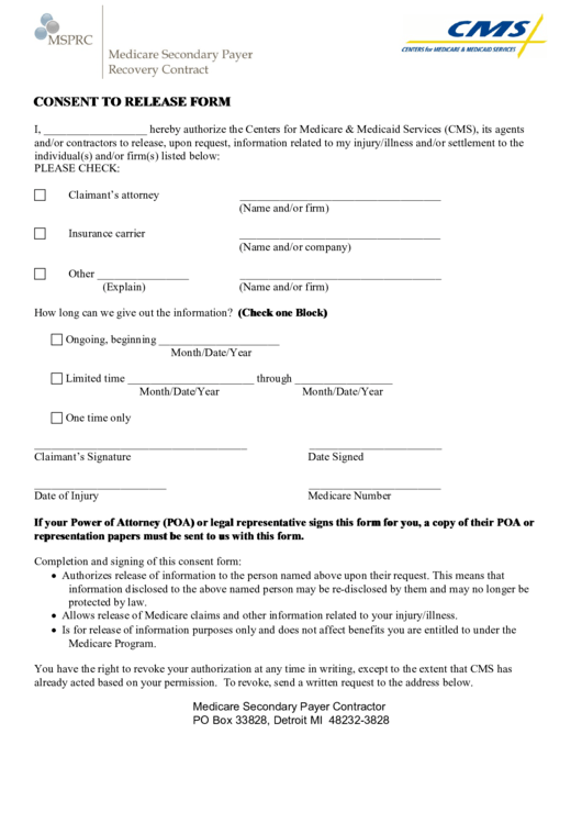 Consent To Release Form Printable pdf