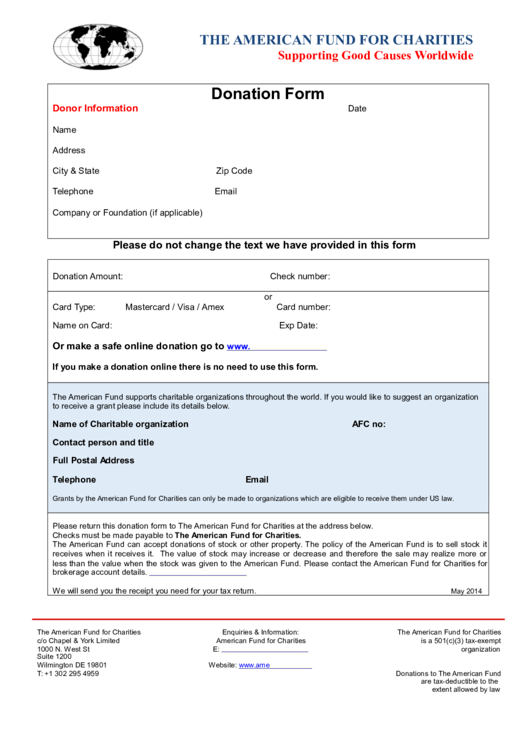 The American Fund For Charities Donation Form Printable pdf