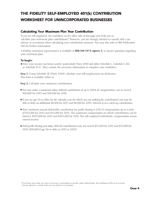 The Fidelity Self-Employed 401(K) Contribution Printable pdf