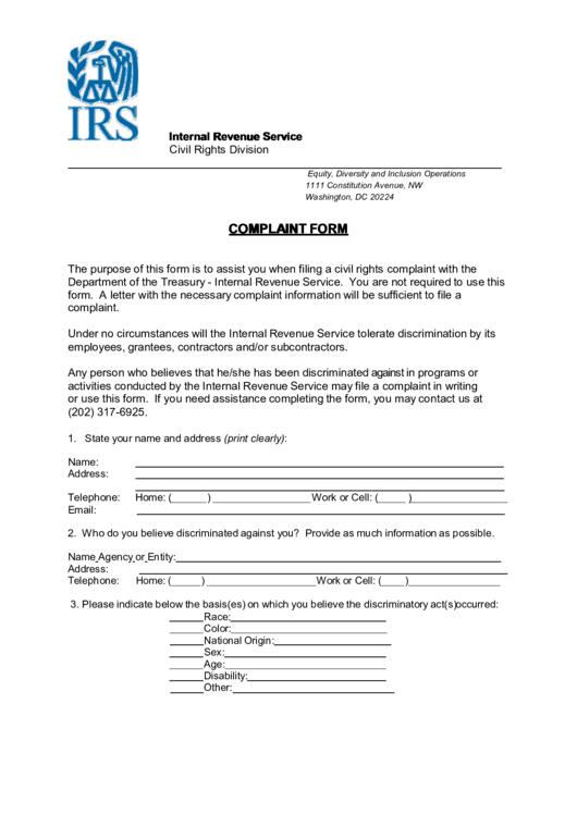 Irs Complaint Form Printable pdf