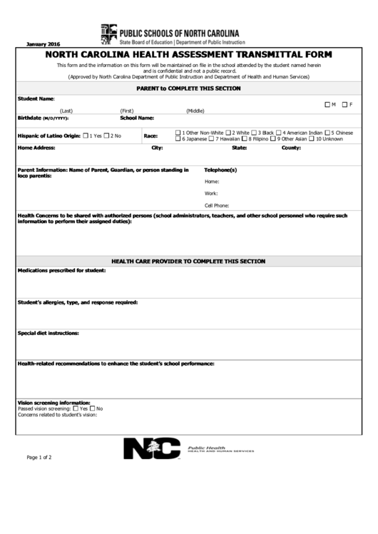 North Carolina Health Assessment Transmittal Form Printable pdf