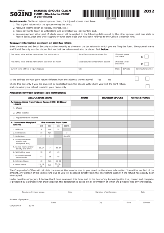 Form 502inj - Injured Spouse Claim Form (2012)