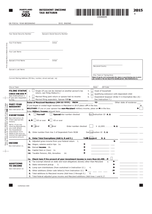 Fillable Maryland Form 502 - Resident Income Tax Return - 2015 Printable pdf