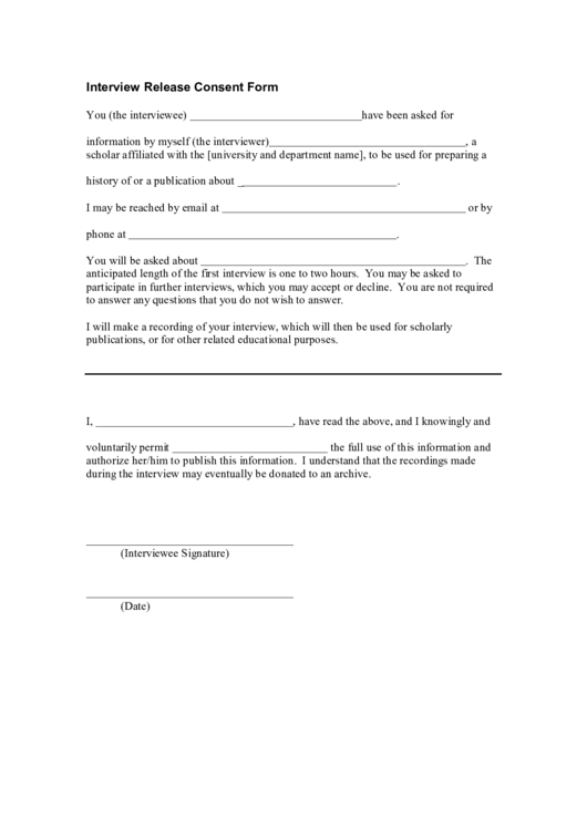 Interview Release Consent Form Printable pdf