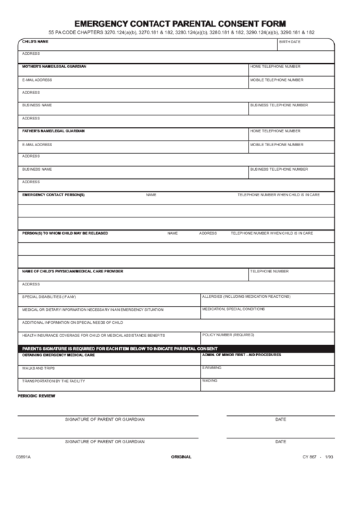 Fillable Emergency Contact Parental Consent Form Printable pdf