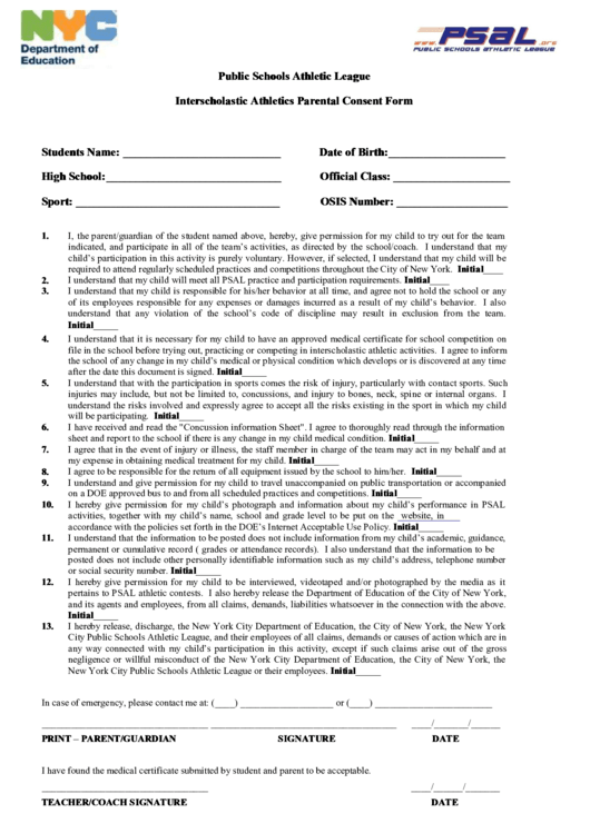 Interscholastic Athletics Parental Consent Form Printable pdf