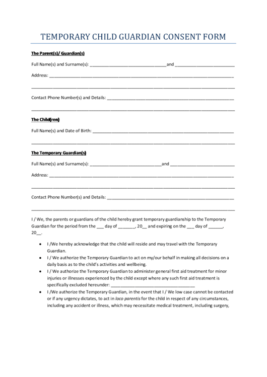 Temporary Child Guardian Consent Form Printable pdf