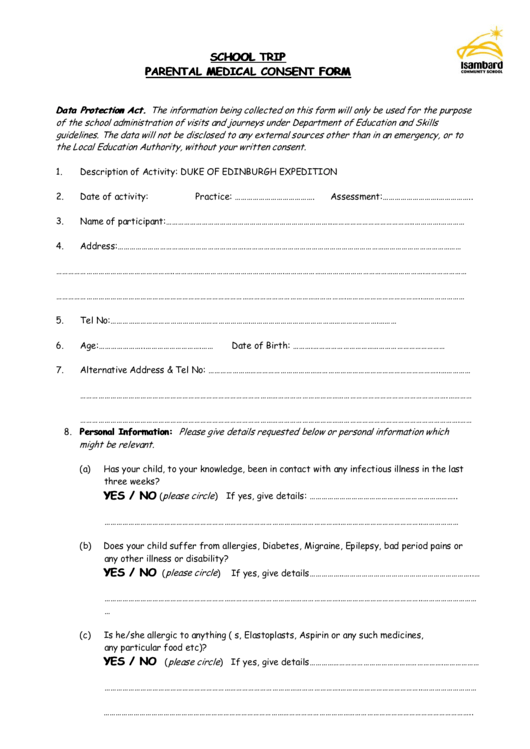 Parental Medical Consent Form Printable pdf