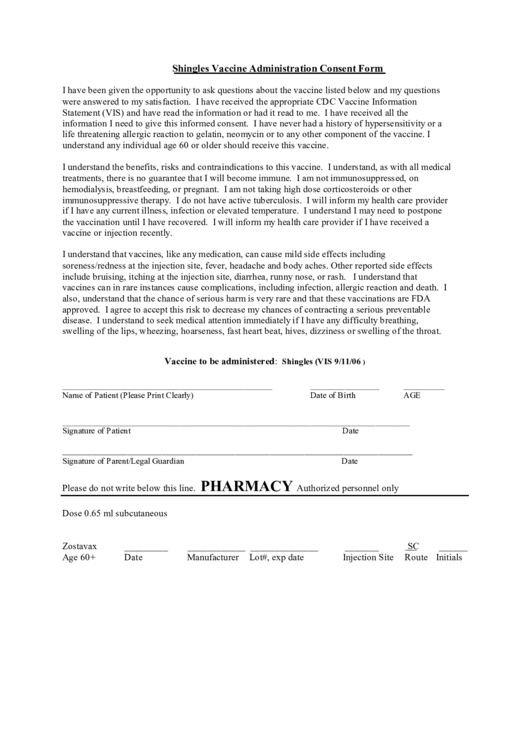 Shingles Vaccine Administration Consent Form Printable pdf