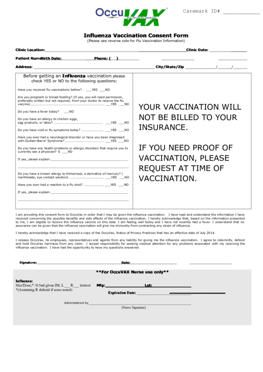 Influenza Vaccination Consent Form Printable pdf