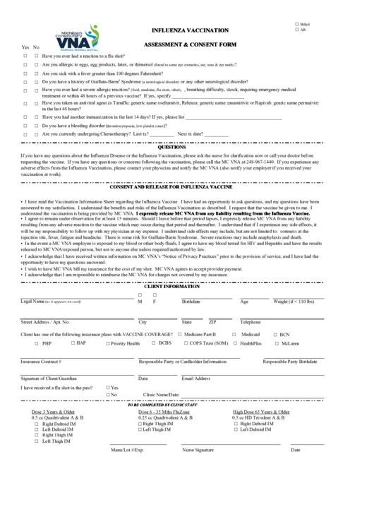 Influenza Vaccination Consent Printable pdf