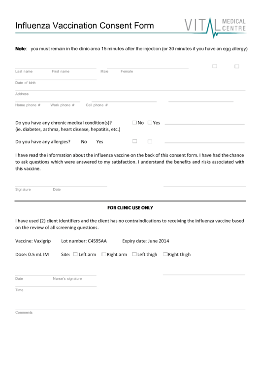 Fillable Influenza Vaccination Consent Form Printable pdf