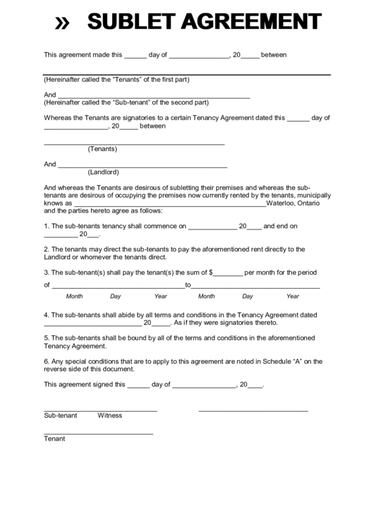Sublet Agreement Printable pdf