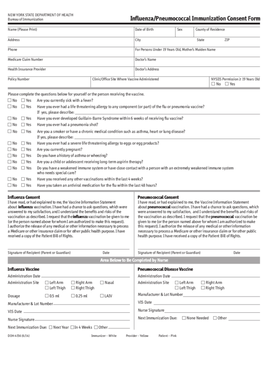 Influenza/pneumococcal Immunization Consent Form Printable pdf