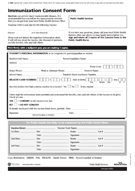Immunization Consent Form Printable pdf