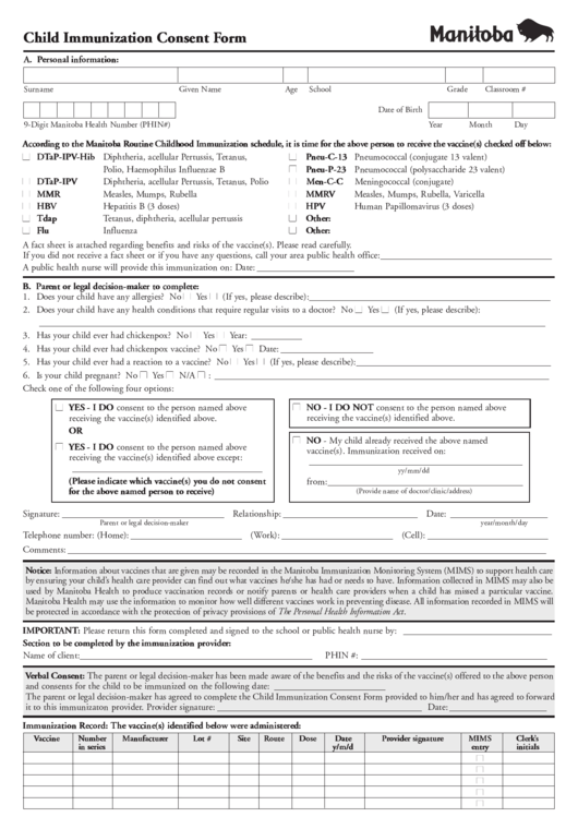 Child Immunization Consent Form Printable pdf