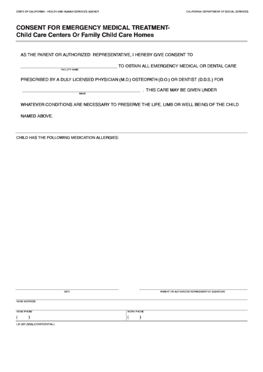 Fillable Consent For Emergency Medical Treatment Printable pdf