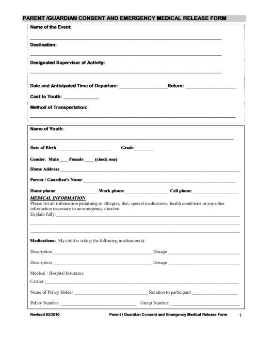 Fillable Parent /guardian Consent And Emergency Medical Release Form Printable pdf
