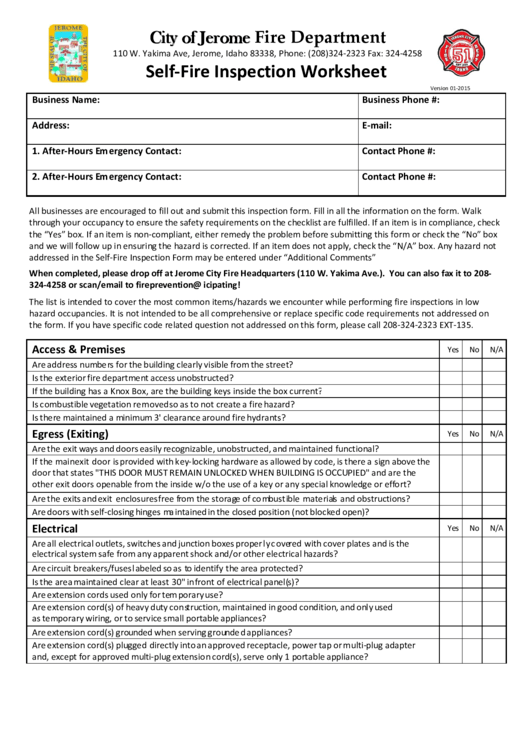 Self-Fire Inspection Worksheet Template - City Of Jerome Fire Department Printable pdf