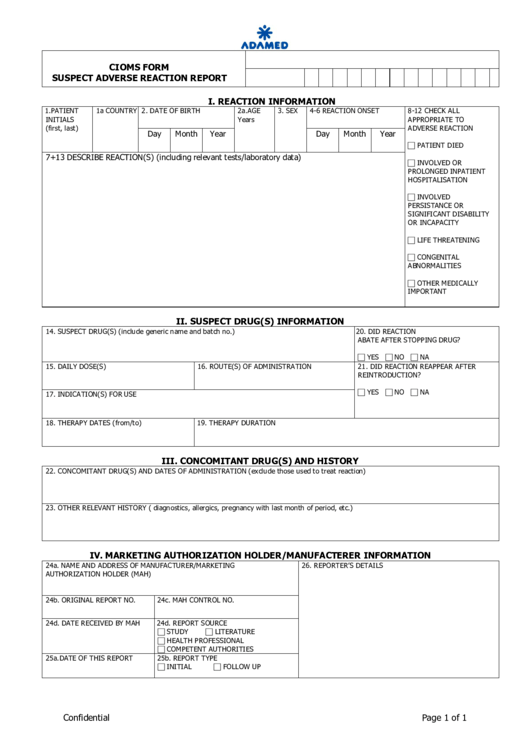 Cioms Form - Suspect Adverse Reaction Report Printable pdf