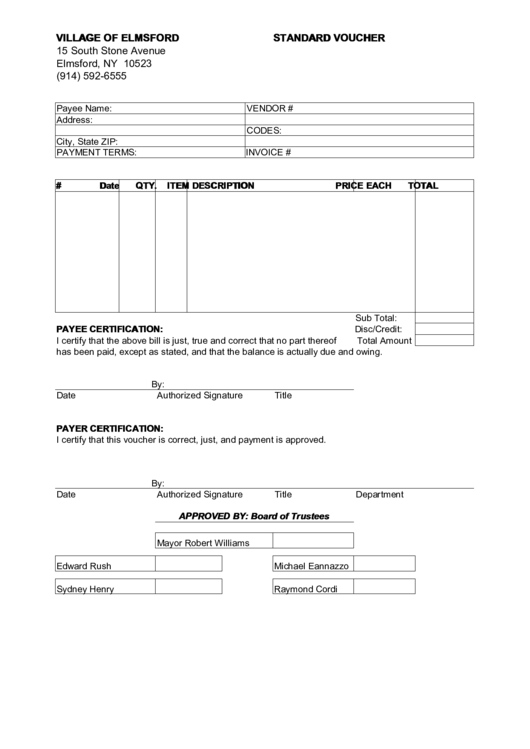 Standard Voucher Village Of Elmsford Printable pdf