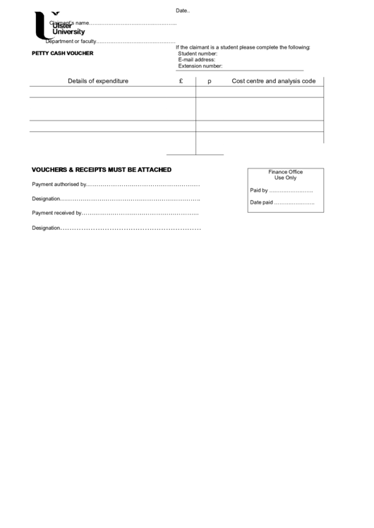 Ulster University Petty Cash Voucher Printable pdf