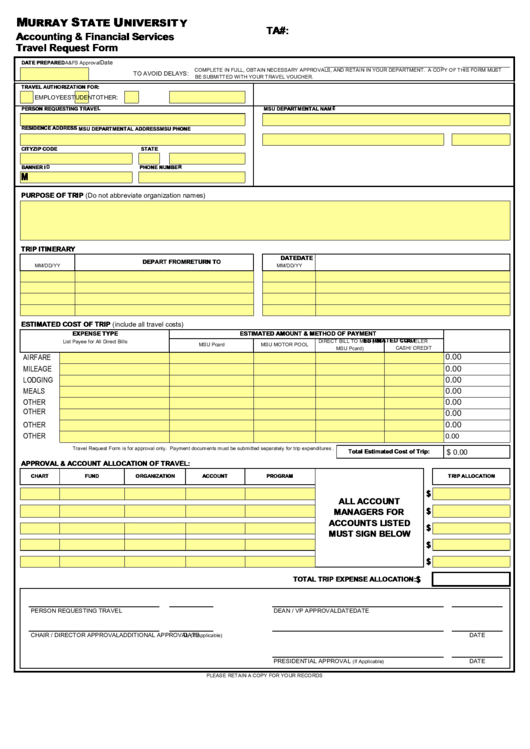 Fillable Accounting & Financial Services Travel Request Form Printable pdf