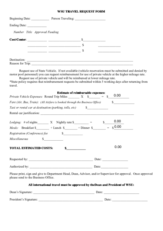 Fillable Wsu Travel Request Form Printable pdf
