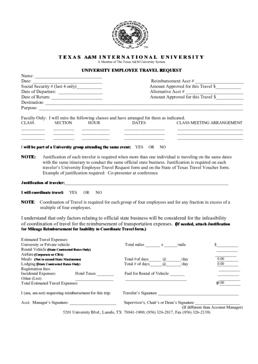 Fillable Texas A&m International University A Member Of The Texas Am University System University Employee Travel Request Printable pdf