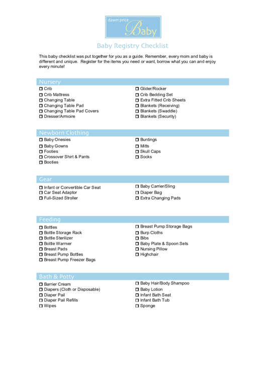 Baby Registry Checklist Printable pdf