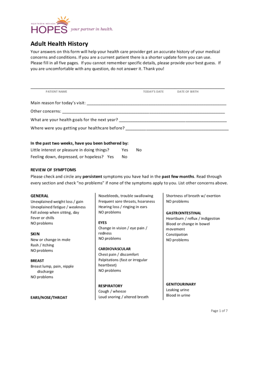 Adult Health History Printable pdf