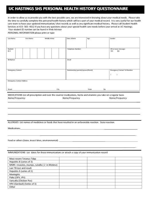 Fillable Uc Hastings Shs Personal Health History Questionnaire Printable pdf