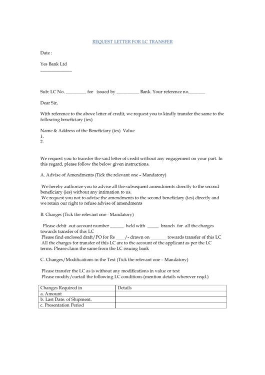 Request For Lc Transfer Letter Template Printable pdf
