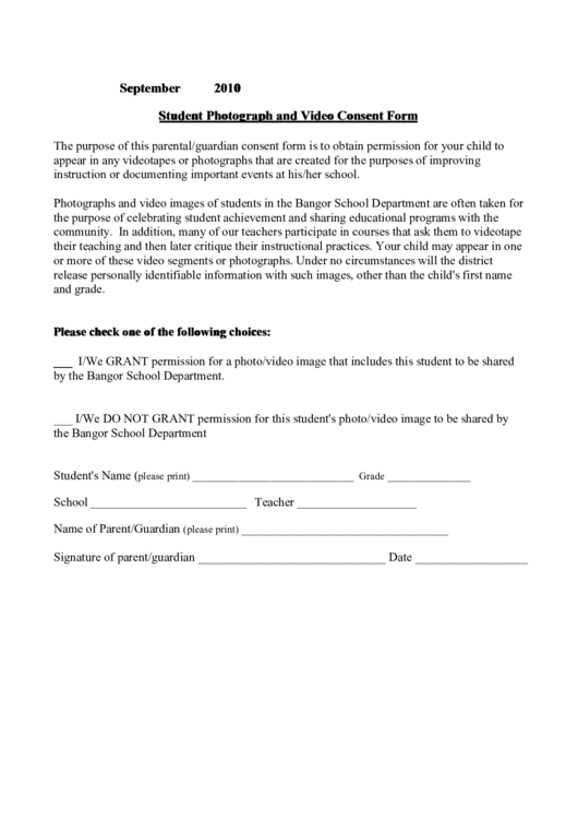 Student Photograph And Video Consent Form Printable pdf