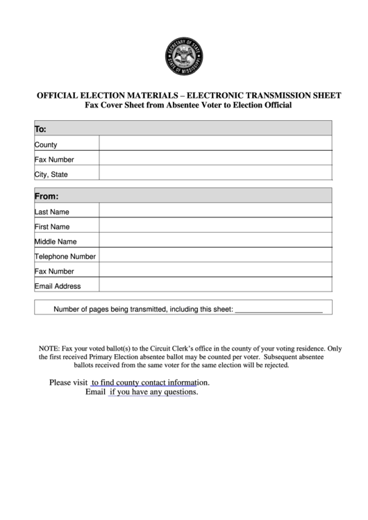 Fax Cover Sheet From Absentee Voter To Election Official - Mississippi Secretary Of State Printable pdf