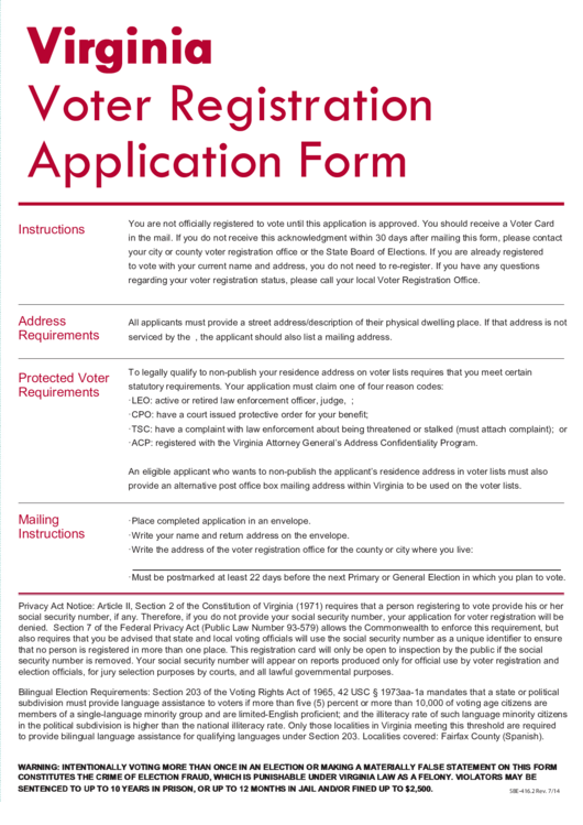 Fillable Virginia Voter Registration Application Form printable pdf