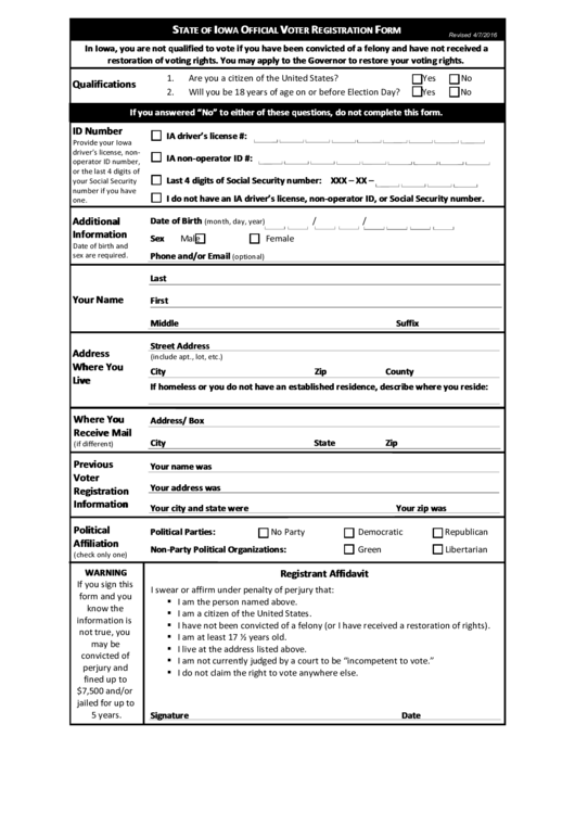 Fillable State Of Iowa Official Voter Registration Form Printable pdf