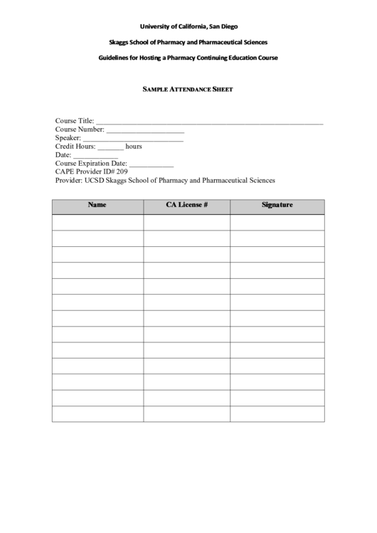 University Of California Sample Attendance Sheet Printable pdf