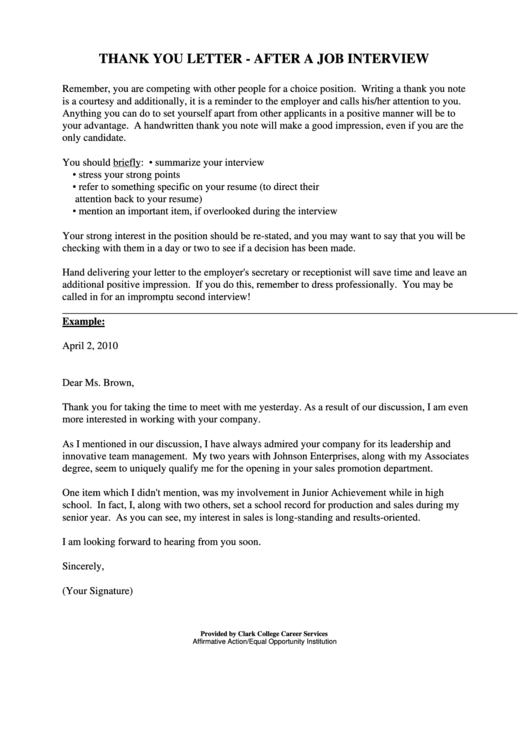 Thank You Letter - After A Job Interview Printable pdf