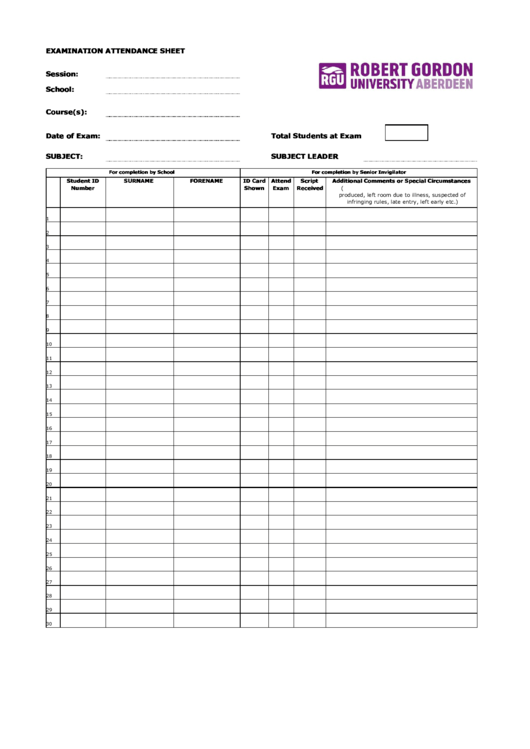 Rgu Examination Attendance Sheet Printable pdf