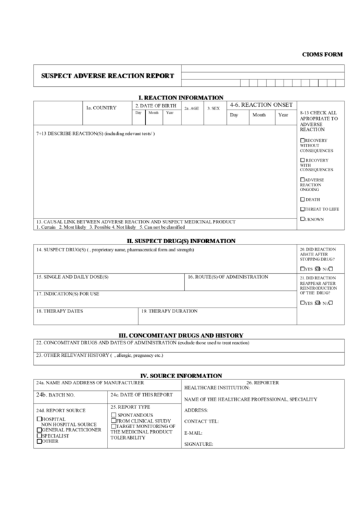 Cioms Form - Suspect Adverse Reaction Report Printable pdf